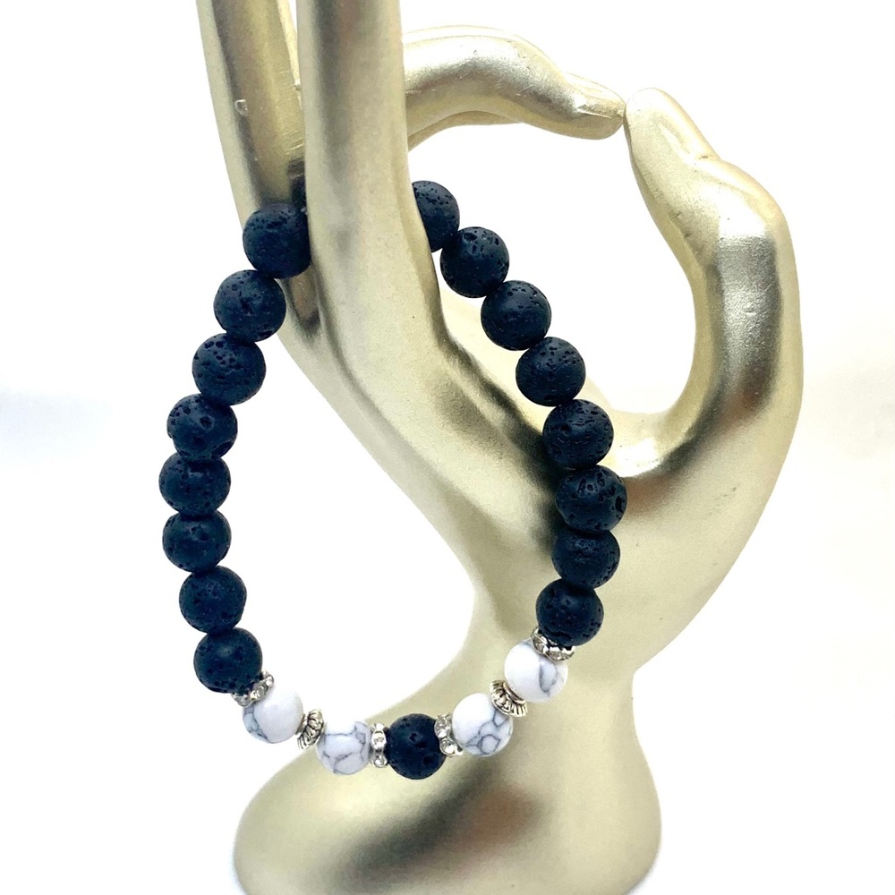 [Rugged] Masculine Lava and Matte Howlite Glass Beaded Bracelet